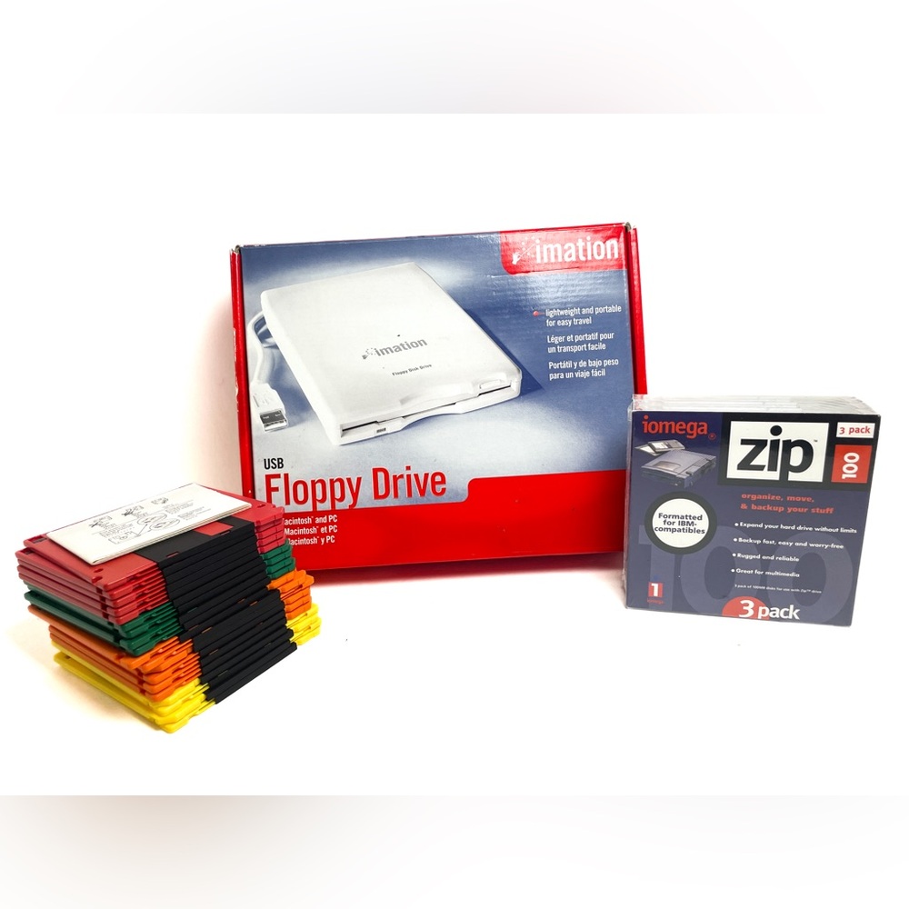 Imation D353FUE Floppy Disk Drive, 3 Iomega Zips, 19 Memorex Floppy Disk BUNDLE